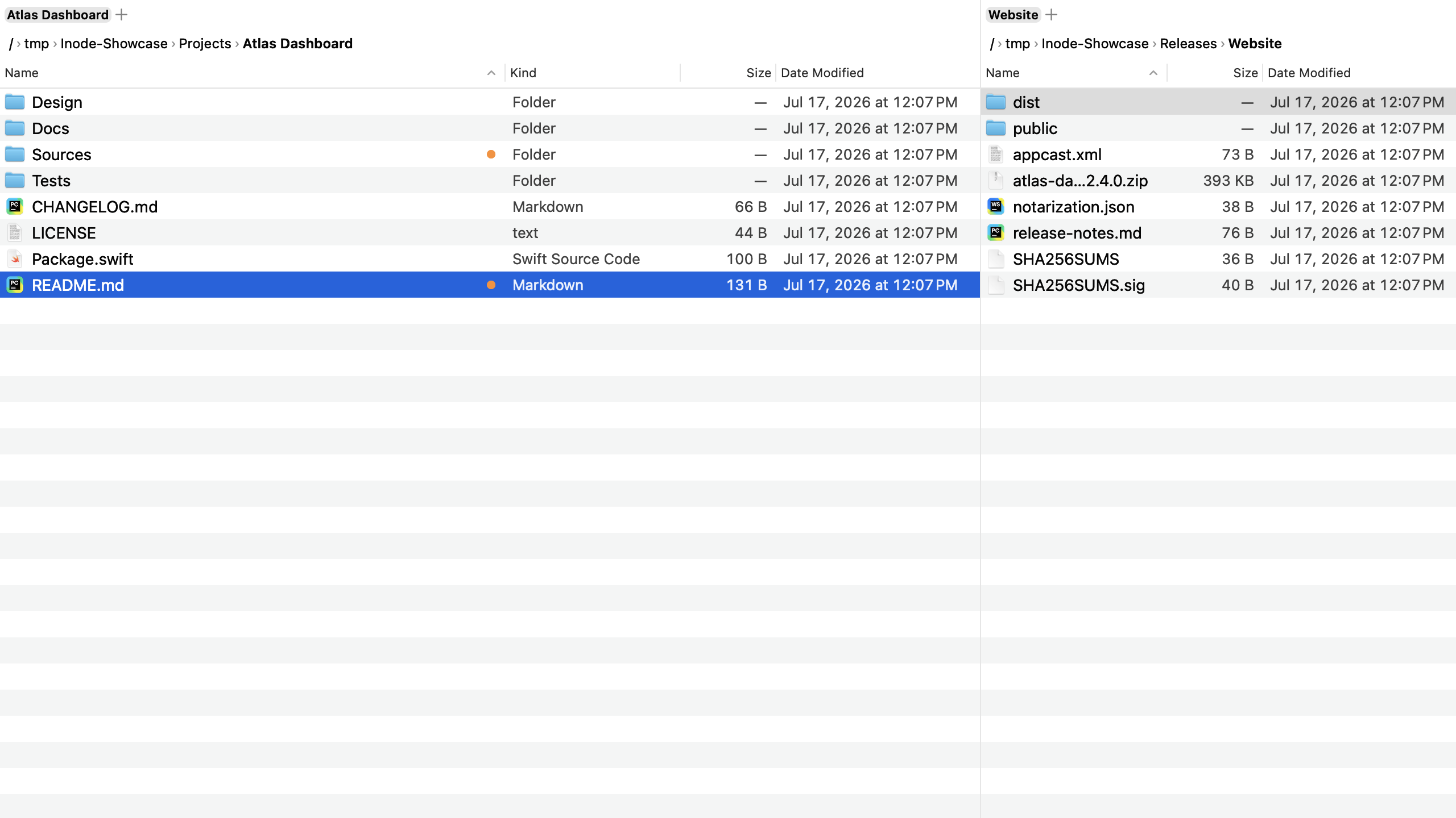 Inode's dual-pane window: a Swift project on the left with git status dots and sortable columns, a release folder on the right