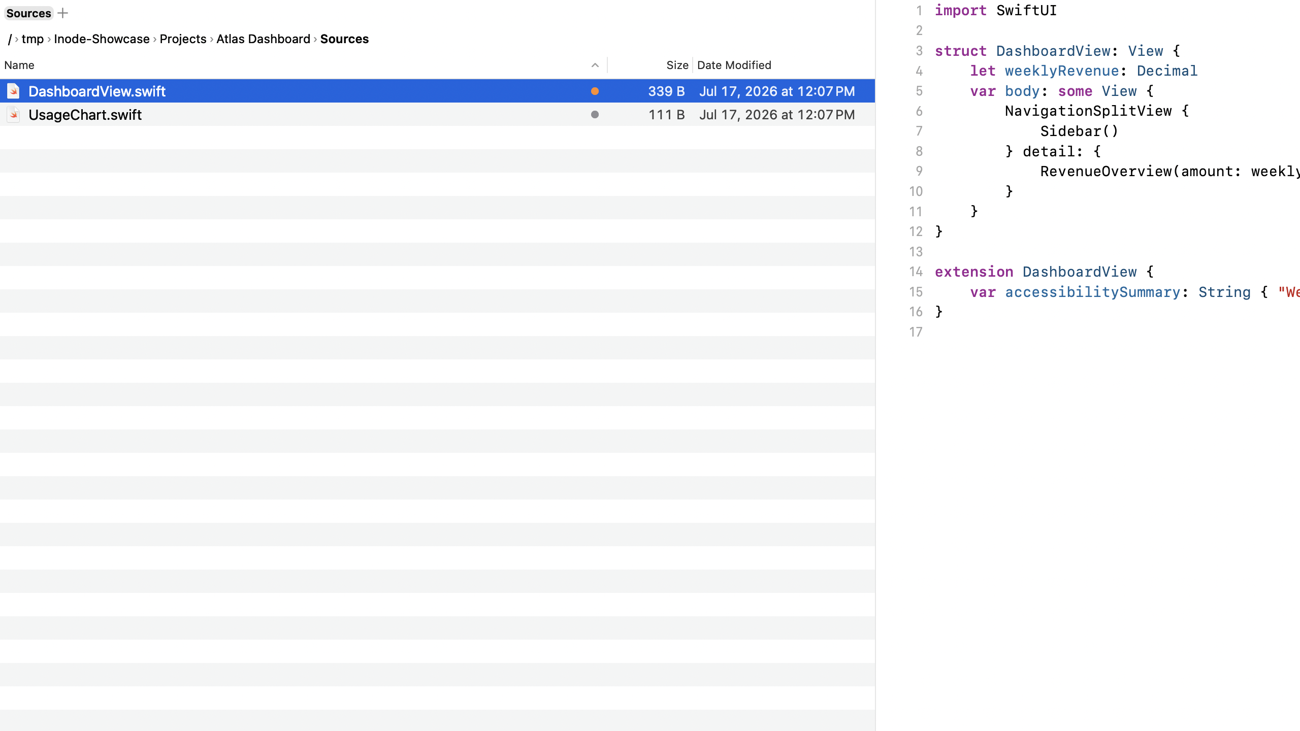 Preview Mode: the right pane shows a Swift source file with syntax highlighting while the left pane keeps browsing